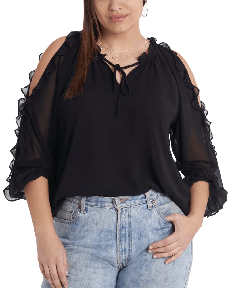 Front of a model wearing a size 0X Kendall Cold Shoulder Blouse in RICH BLACK-060 by 1.State. | dia_product_style_image_id:262589